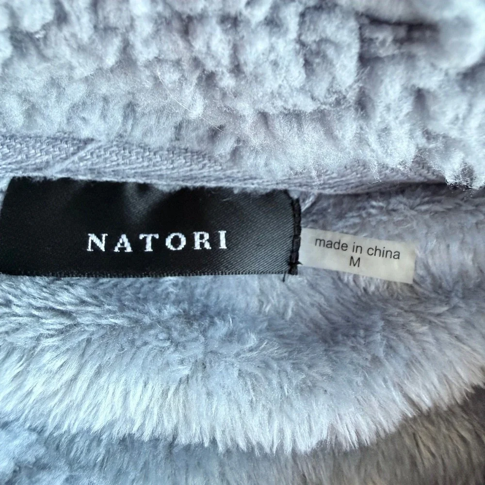 Natori Slate Blue Plush Faux Fur Half Zip Long Robe Sherpa Trim Size M Cozy Warm